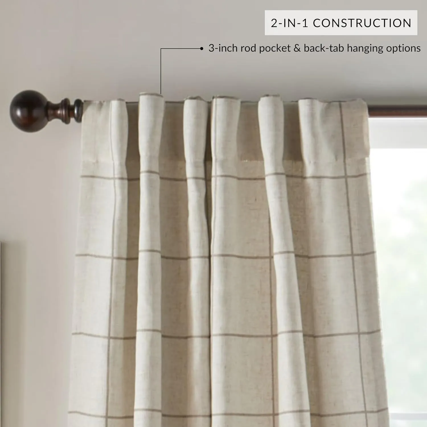 Elrene Home Fashions Brighton Windowpane Plaid Blackout Window Curtain, Living Room and Bedroom Drape with Rod Pocket Tabs, 52" x 84", Linen, 1 Panel