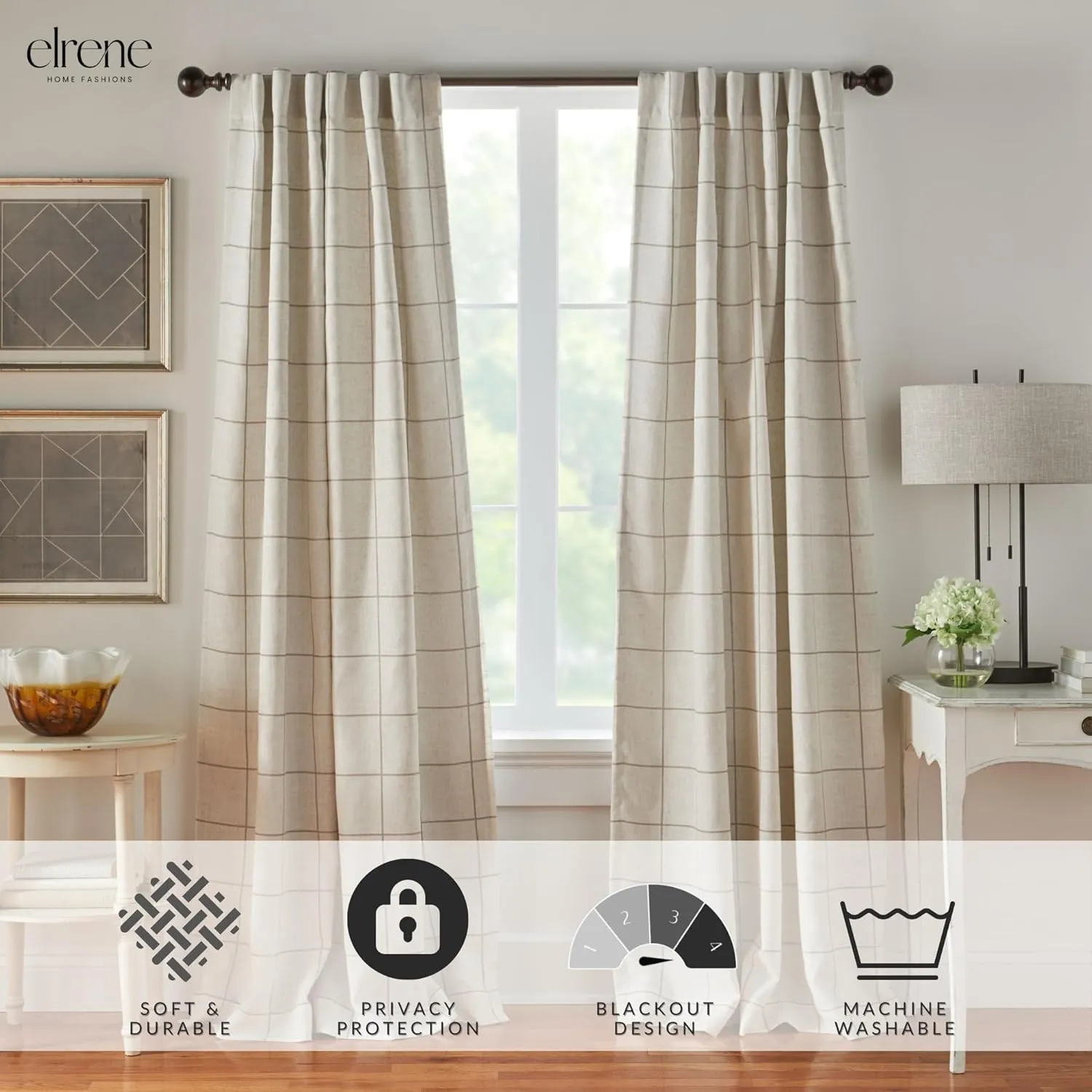 Elrene Home Fashions Brighton Windowpane Plaid Blackout Window Curtain, Living Room and Bedroom Drape with Rod Pocket Tabs, 52" x 84", Linen, 1 Panel