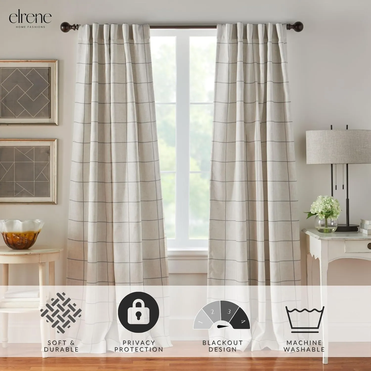 Elrene Home Fashions Brighton Windowpane Plaid Blackout Window Curtain, Living Room and Bedroom Drape with Rod Pocket Tabs, 52" x 95", Grey, 1 Panel