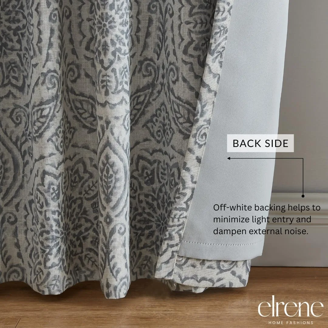 Elrene Home Fashions Giovanni Medallion Block Print Linen Blend Blackout Lined Window Curtain Panel, 52"x84", Gray