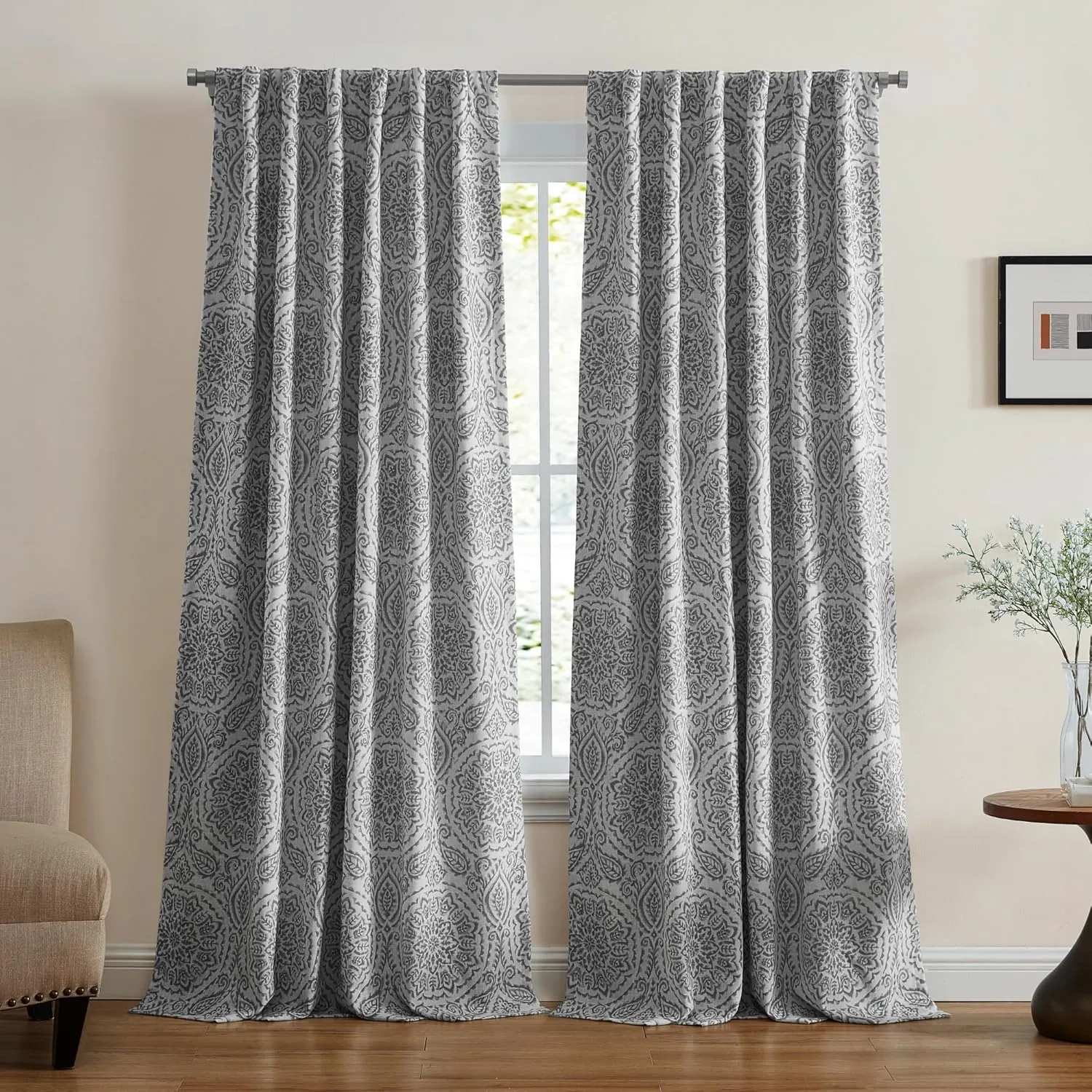 Elrene Home Fashions Giovanni Medallion Block Print Linen Blend Blackout Lined Window Curtain Panel, 52"x84", Gray