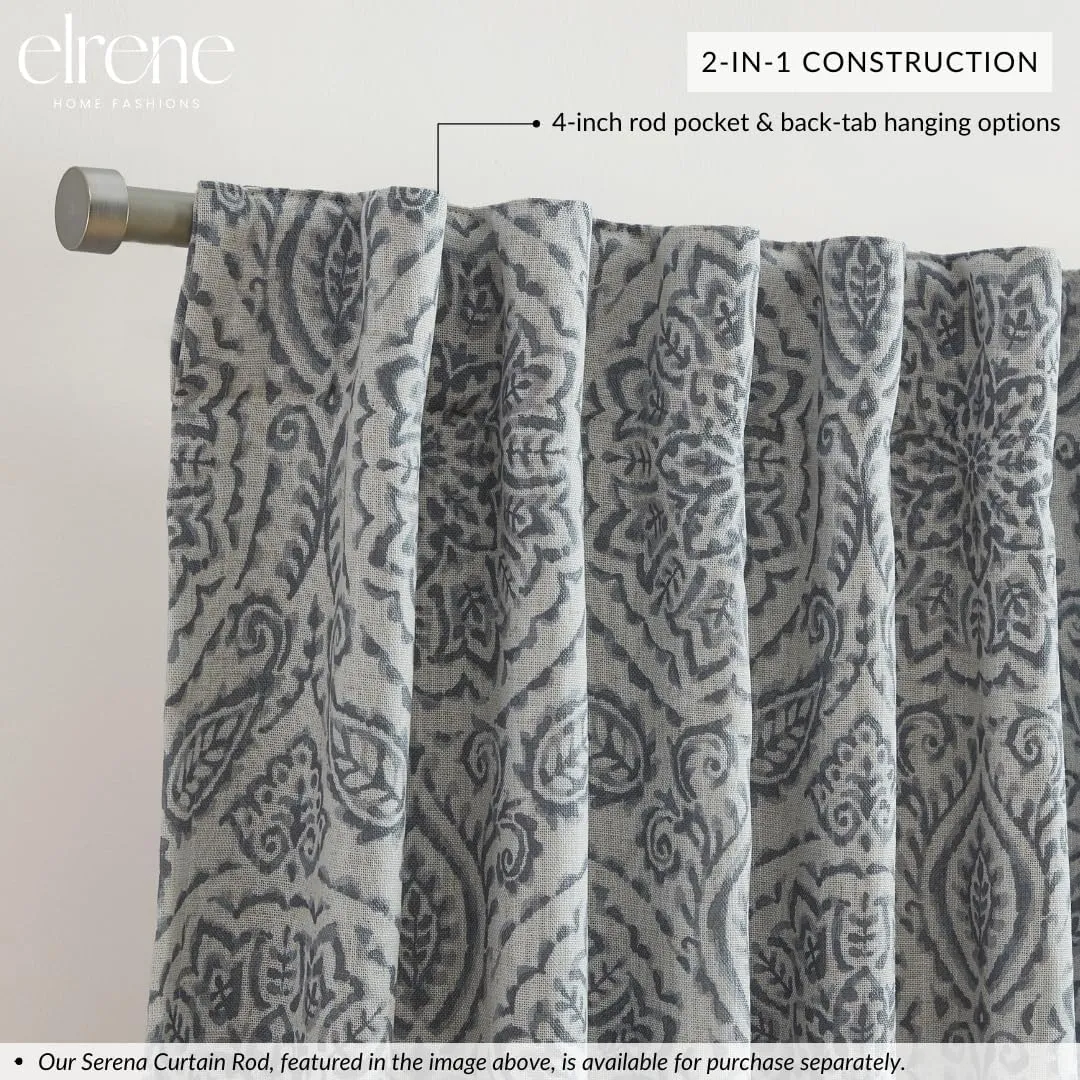 Elrene Home Fashions Giovanni Medallion Block Print Linen Blend Blackout Lined Window Curtain Panel, 52"x84", Gray