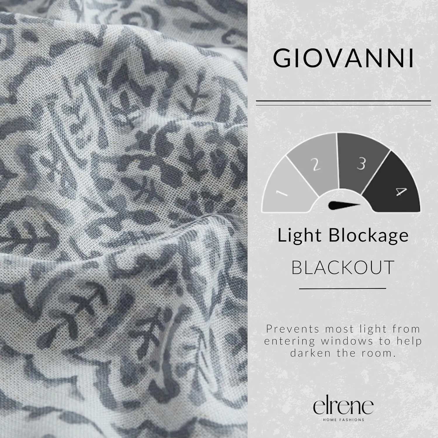 Elrene Home Fashions Giovanni Medallion Block Print Linen Blend Blackout Lined Window Curtain Panel, 52"x84", Gray