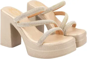 Embellished Block Heels | Cushioned Footbed |Casual, Ethnic, Party, Wedding, Festive | Comfortable, Golden, 4 UK