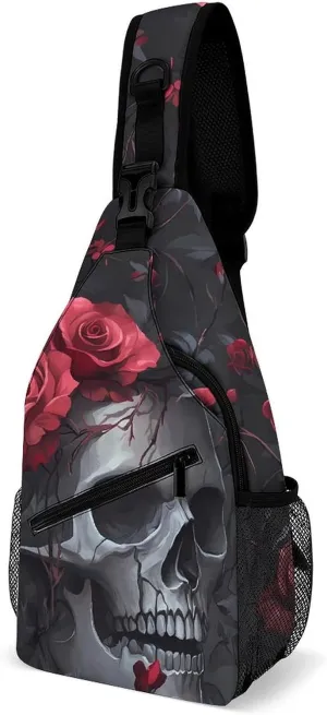 Ember Rose Death Skull Head Casual Sling Bag Backpack Travel Shoulder Chest Crossbody Bags Adjustable Daypack Unisex