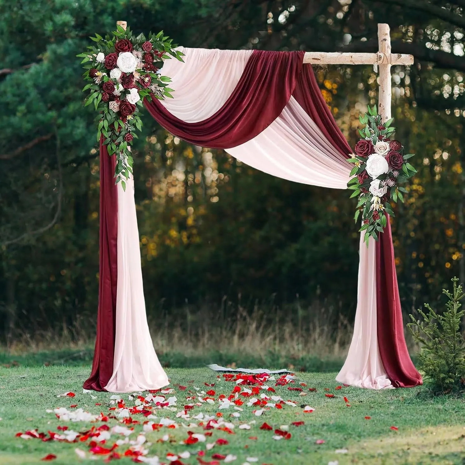 Emivery Wedding Arch Flowers with Drapes Kit (Pack of 4), 2pcs Burgundy Flower Swag with 2pcs Draping Fabric Rustic Flower Arrangement for Wedding Ceremony Arbor and Reception Backdrop Floral Decor