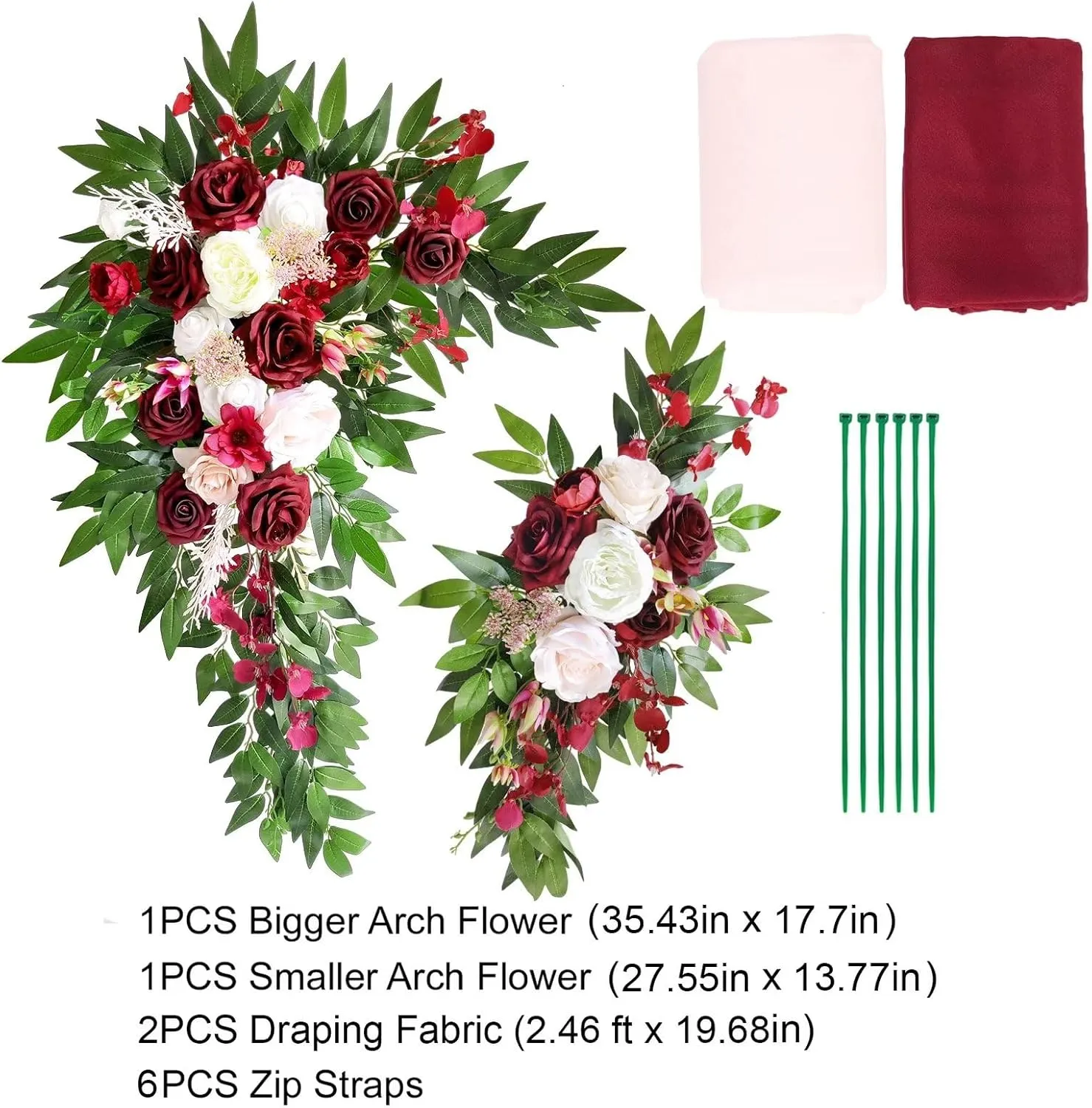 Emivery Wedding Arch Flowers with Drapes Kit (Pack of 4), 2pcs Burgundy Flower Swag with 2pcs Draping Fabric Rustic Flower Arrangement for Wedding Ceremony Arbor and Reception Backdrop Floral Decor