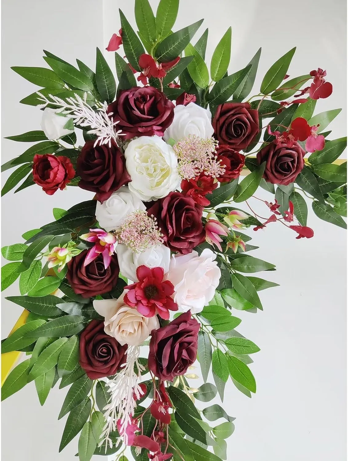 Emivery Wedding Arch Flowers with Drapes Kit (Pack of 4), 2pcs Burgundy Flower Swag with 2pcs Draping Fabric Rustic Flower Arrangement for Wedding Ceremony Arbor and Reception Backdrop Floral Decor