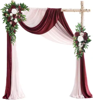 Emivery Wedding Arch Flowers with Drapes Kit (Pack of 4), 2pcs Burgundy Flower Swag with 2pcs Draping Fabric Rustic Flower Arrangement for Wedding Ceremony Arbor and Reception Backdrop Floral Decor