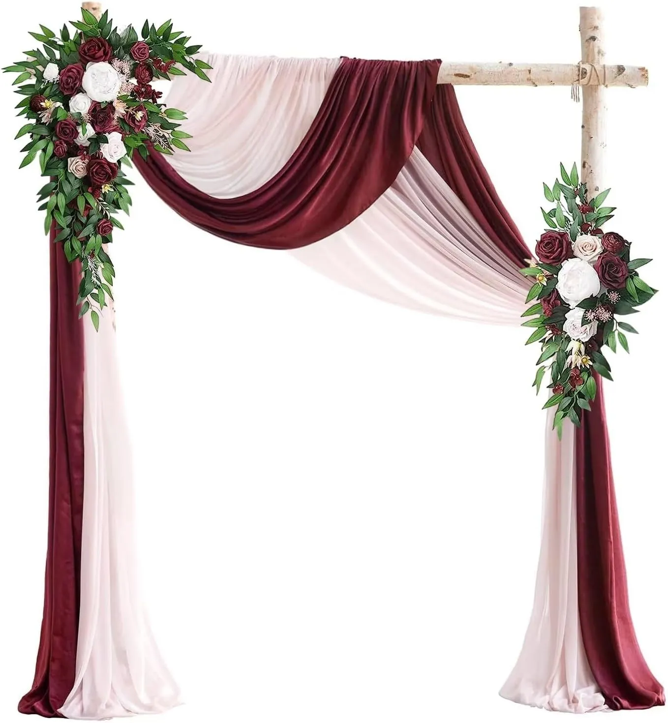 Emivery Wedding Arch Flowers with Drapes Kit (Pack of 4), 2pcs Burgundy Flower Swag with 2pcs Draping Fabric Rustic Flower Arrangement for Wedding Ceremony Arbor and Reception Backdrop Floral Decor