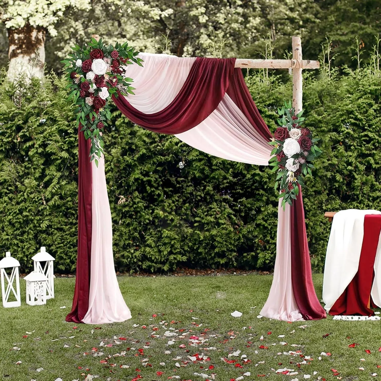 Emivery Wedding Arch Flowers with Drapes Kit (Pack of 4), 2pcs Burgundy Flower Swag with 2pcs Draping Fabric Rustic Flower Arrangement for Wedding Ceremony Arbor and Reception Backdrop Floral Decor