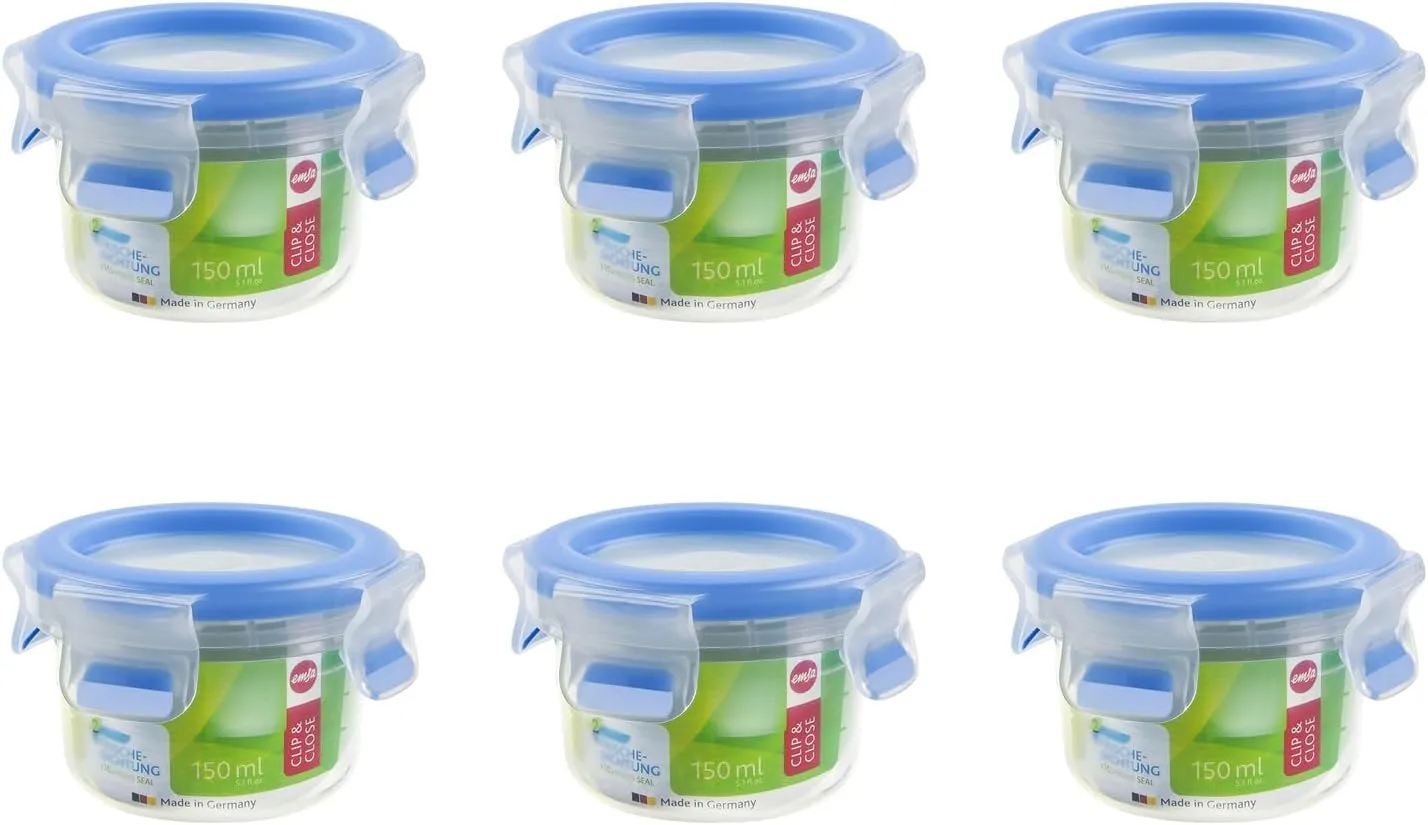Emsa 6er Set Runde Frischhaltedose mit Deckel, 0.15 Liter, Transparent/Blau, Clip & Close 508550 x 6