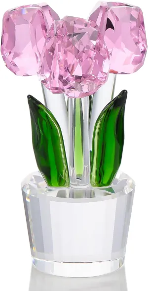 Enjinkail Glass Tulips Flowers Gifts for Women Collectible Crystal Figurine Decor Pink Forever Tulip Ornaments for Desk Office Presents for Mothers Day Graduation Christmas Wedding