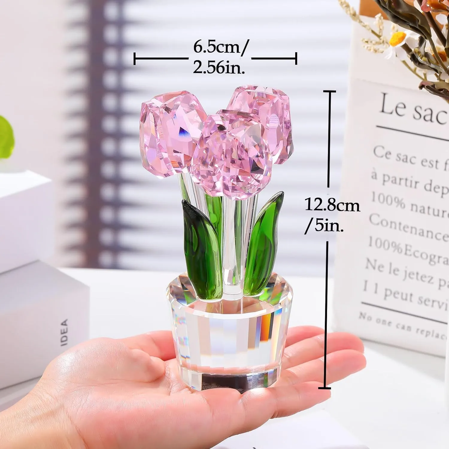 Enjinkail Glass Tulips Flowers Gifts for Women Collectible Crystal Figurine Decor Pink Forever Tulip Ornaments for Desk Office Presents for Mothers Day Graduation Christmas Wedding