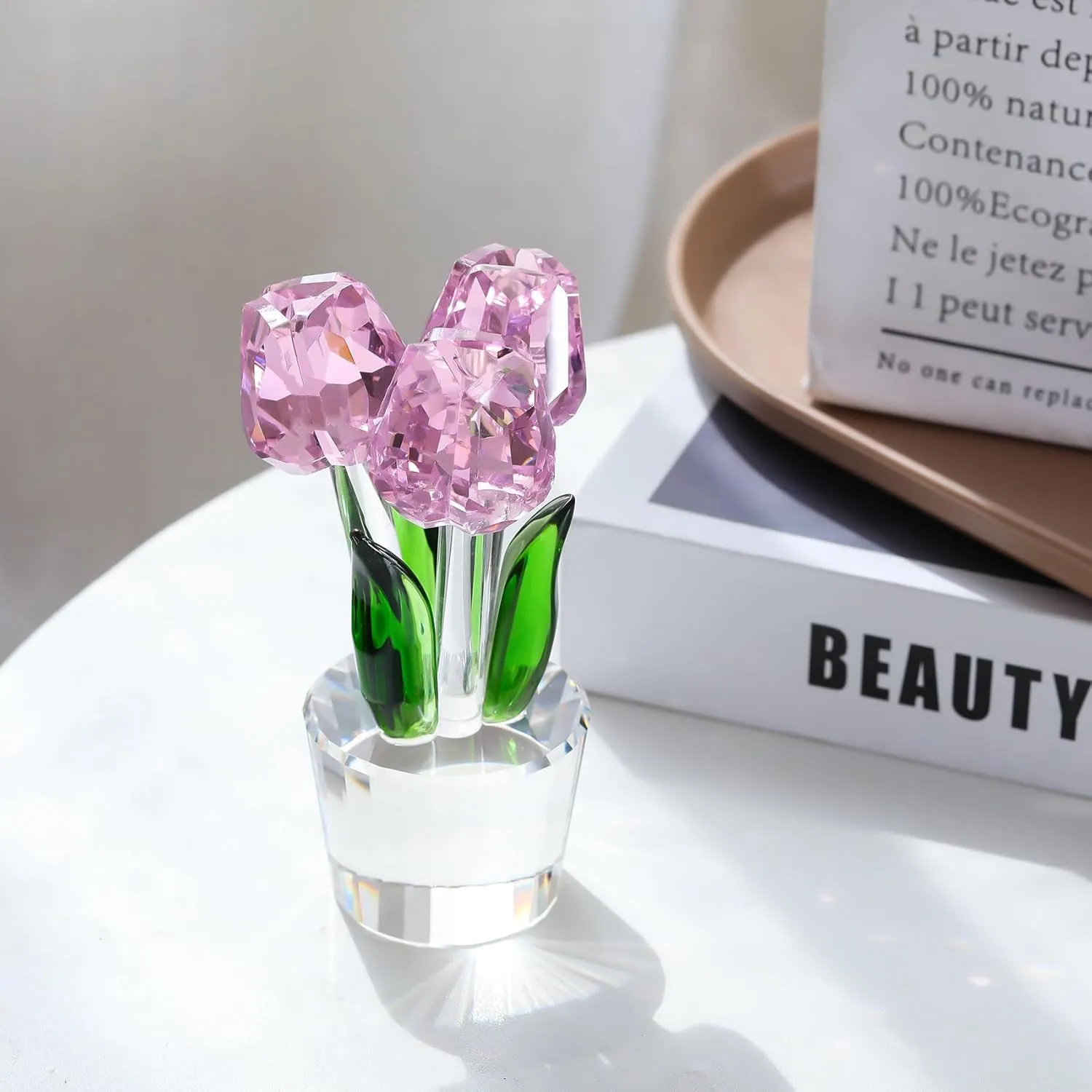 Enjinkail Glass Tulips Flowers Gifts for Women Collectible Crystal Figurine Decor Pink Forever Tulip Ornaments for Desk Office Presents for Mothers Day Graduation Christmas Wedding