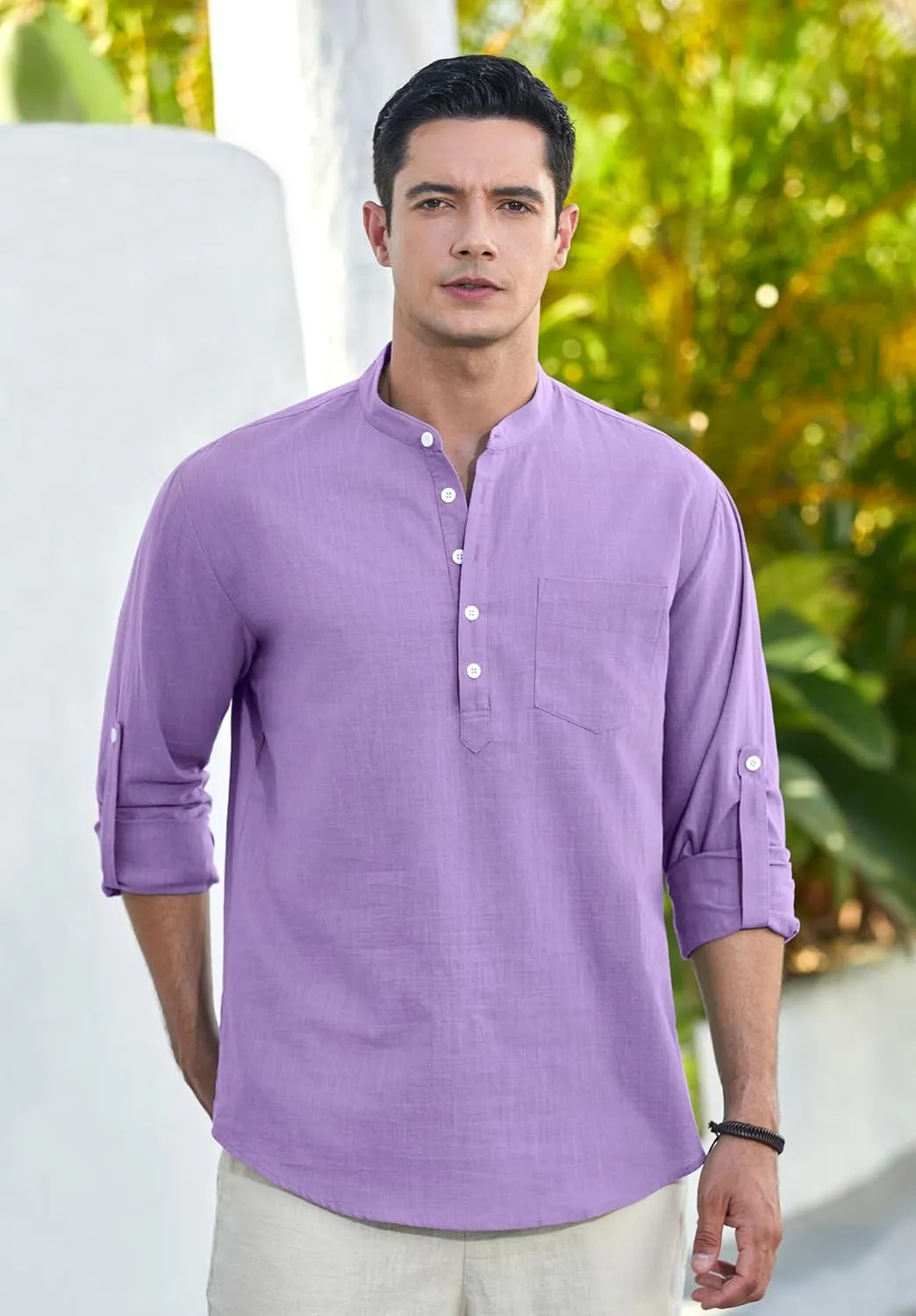 Enlision Mens Cotton Linen Henley Shirts Long Sleeve Casual Shirt Summer Beach Hippie T-Shirt Band Collar Shirt & Pocket