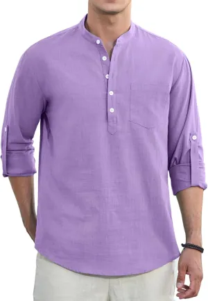 Enlision Mens Cotton Linen Henley Shirts Long Sleeve Casual Shirt Summer Beach Hippie T-Shirt Band Collar Shirt & Pocket