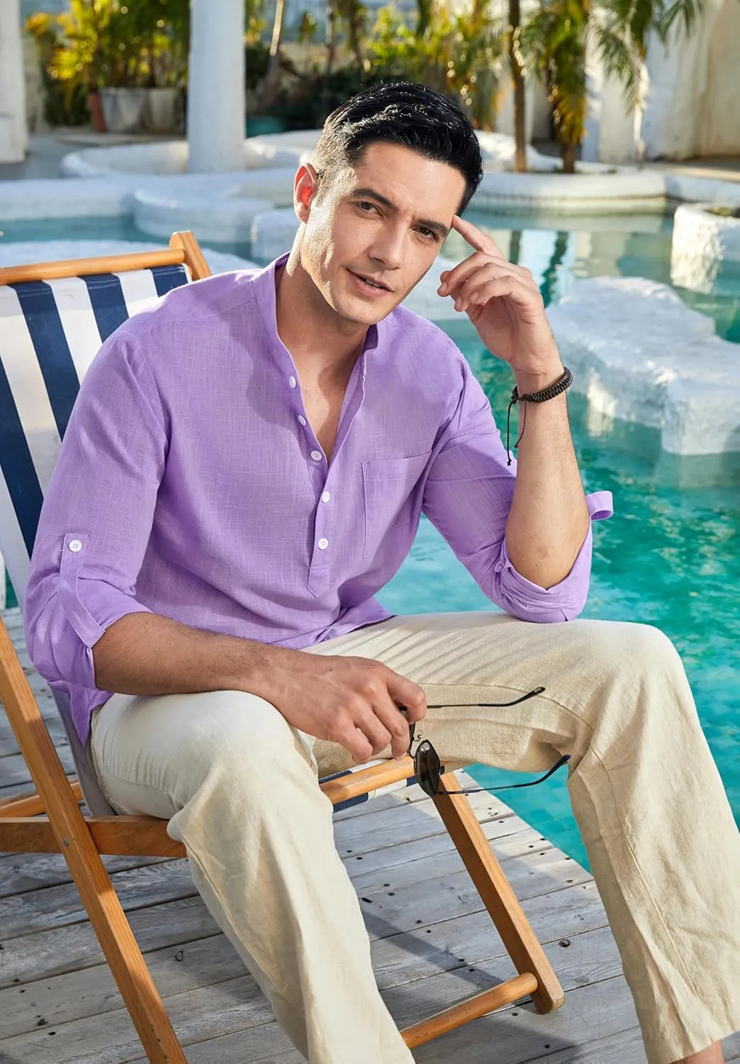 Enlision Mens Cotton Linen Henley Shirts Long Sleeve Casual Shirt Summer Beach Hippie T-Shirt Band Collar Shirt & Pocket
