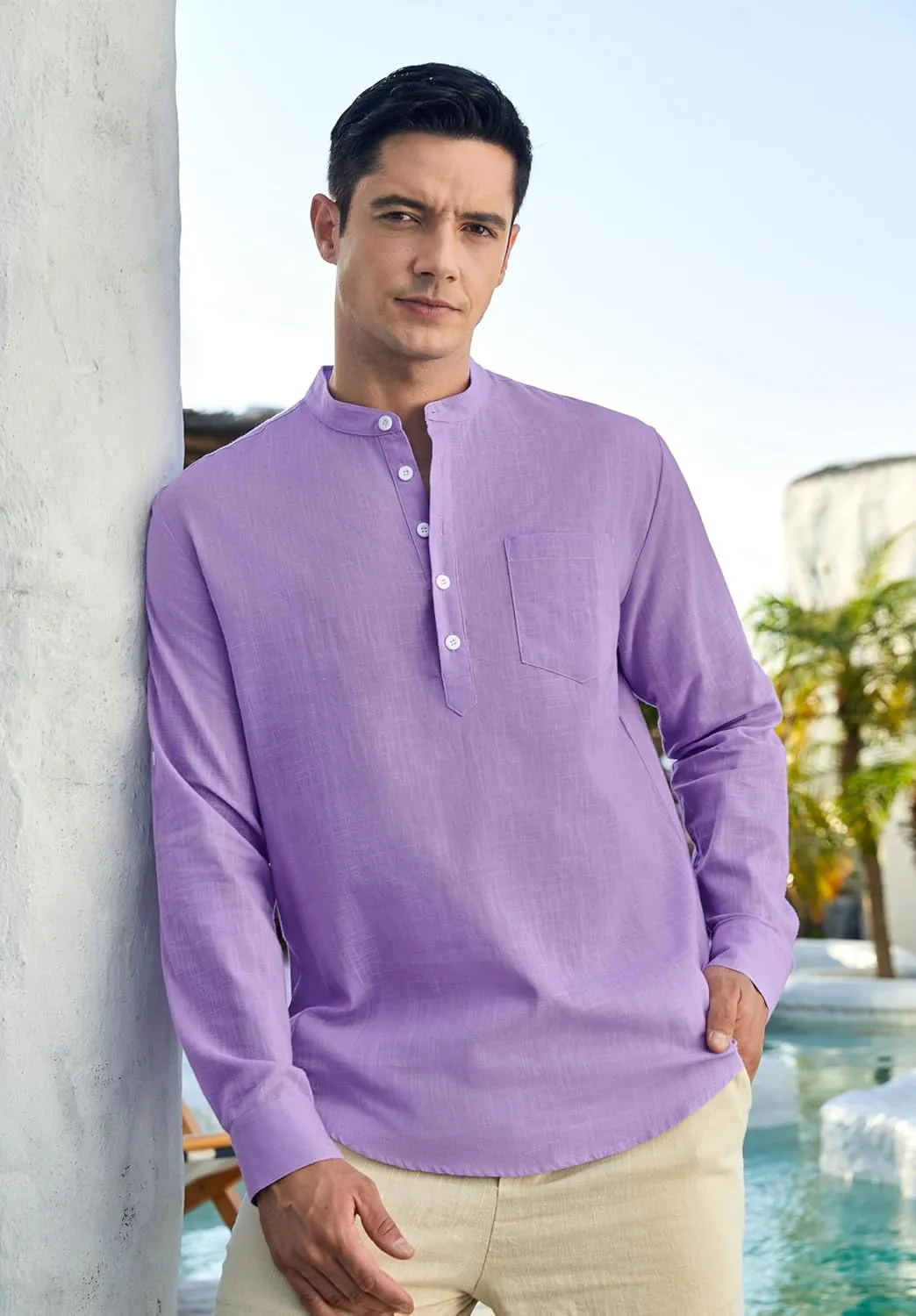 Enlision Mens Cotton Linen Henley Shirts Long Sleeve Casual Shirt Summer Beach Hippie T-Shirt Band Collar Shirt & Pocket
