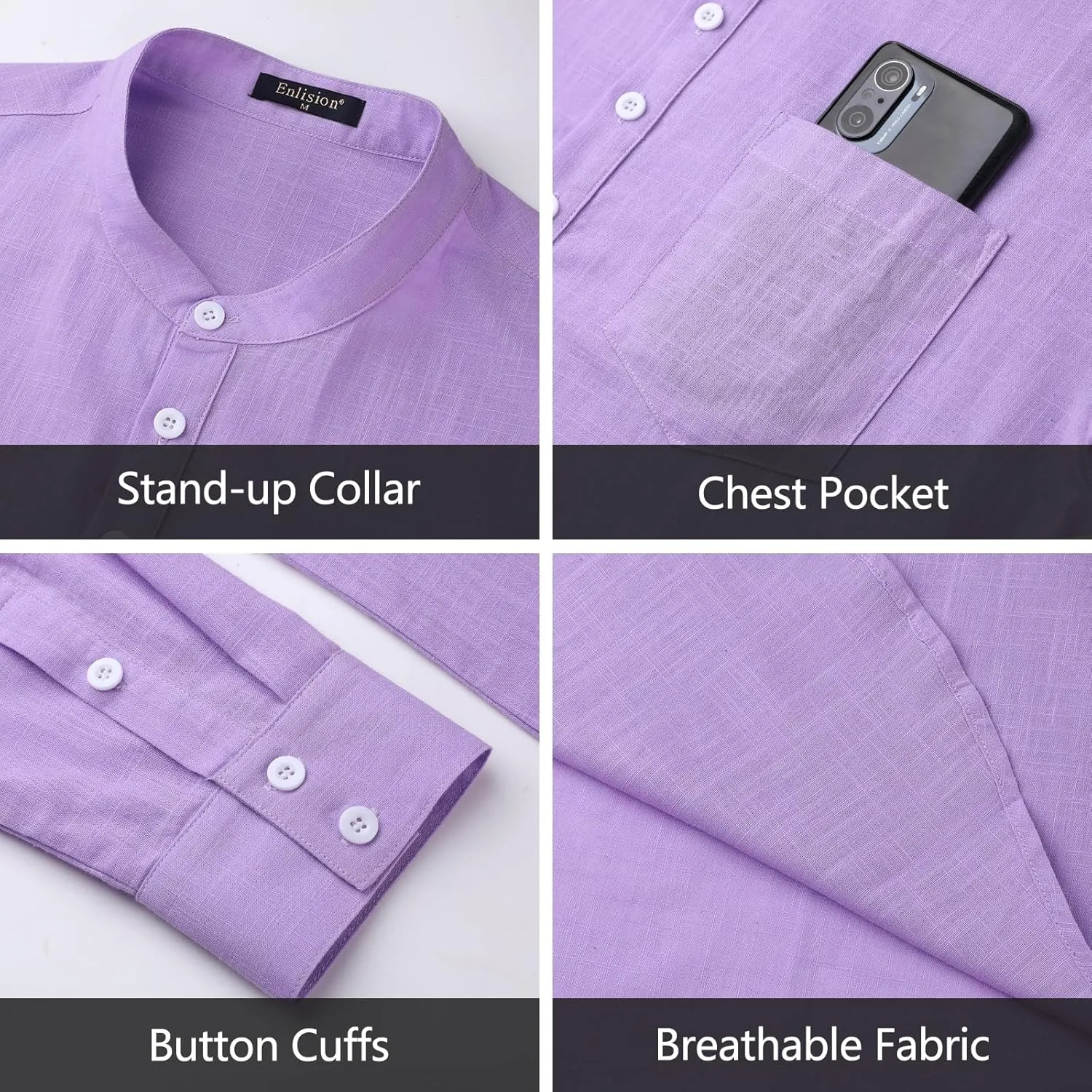 Enlision Mens Cotton Linen Henley Shirts Long Sleeve Casual Shirt Summer Beach Hippie T-Shirt Band Collar Shirt & Pocket