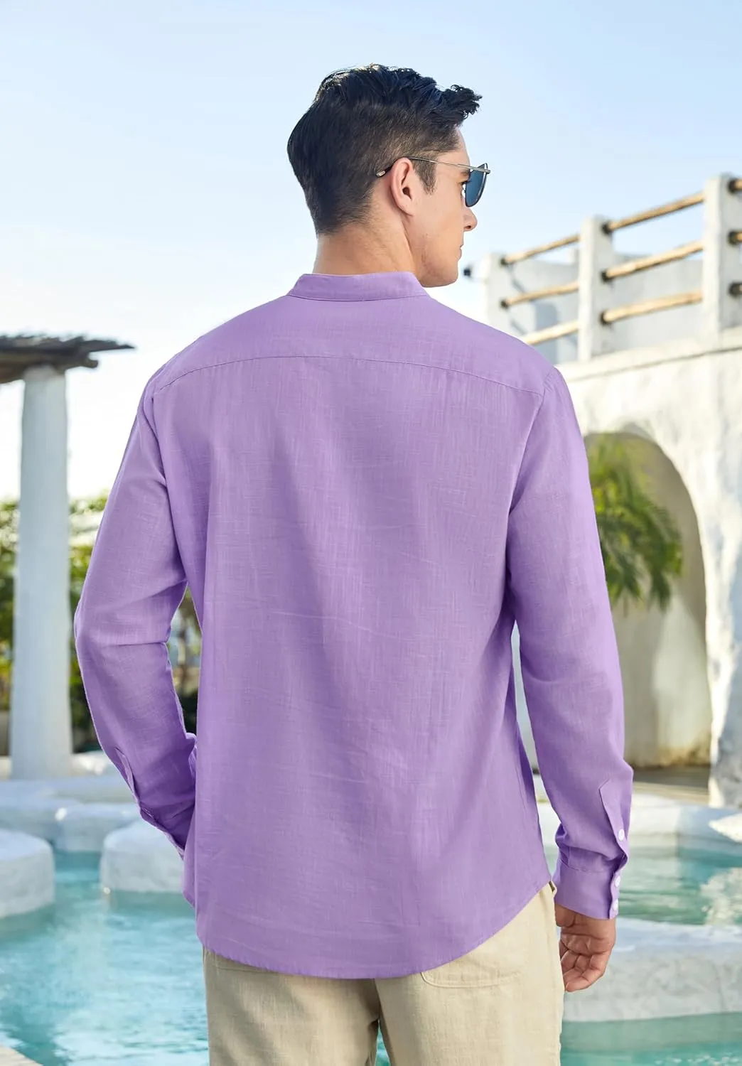 Enlision Mens Cotton Linen Henley Shirts Long Sleeve Casual Shirt Summer Beach Hippie T-Shirt Band Collar Shirt & Pocket