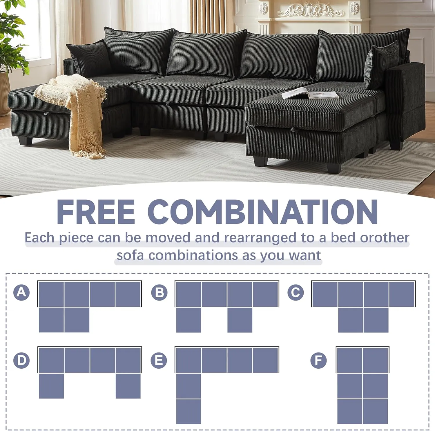 ERYE 113.5-Inch U-Shaped Modular Storage Sectional Sofa Corduroy Upholstered Free Combination 6 Seaters Sofa Couch Convertible Sleeper Couch Bed W/2 Pillows for Home Apartment Office Living Room Sets