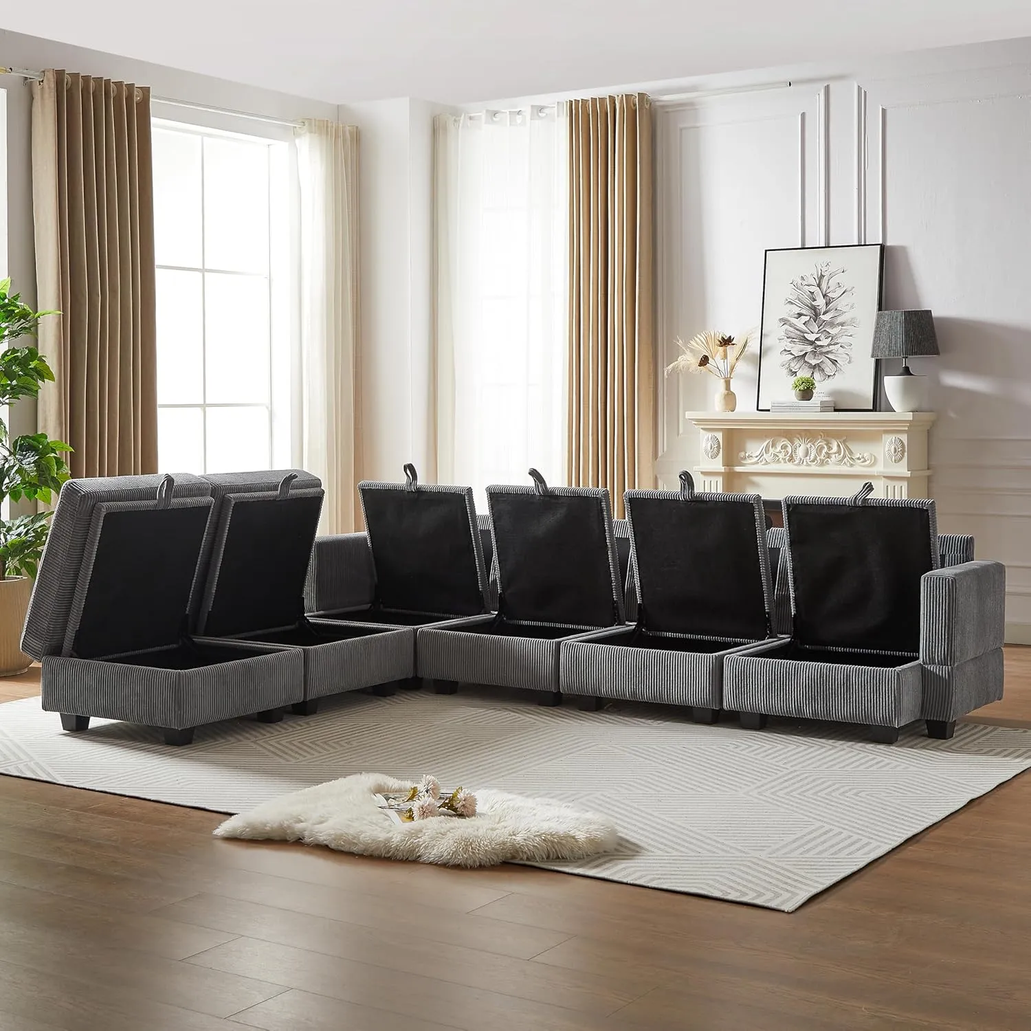 ERYE 113.5-Inch U-Shaped Modular Storage Sectional Sofa Corduroy Upholstered Free Combination 6 Seaters Sofa Couch Convertible Sleeper Couch Bed W/2 Pillows for Home Apartment Office Living Room Sets