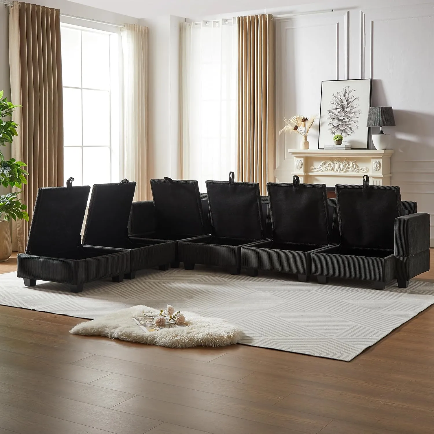 ERYE 113.5-Inch U-Shaped Modular Storage Sectional Sofa Corduroy Upholstered Free Combination 6 Seaters Sofa Couch Convertible Sleeper Couch Bed W/2 Pillows for Home Apartment Office Living Room Sets