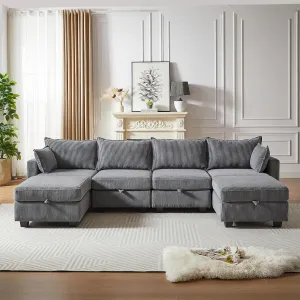 ERYE 113.5-Inch U-Shaped Modular Storage Sectional Sofa Corduroy Upholstered Free Combination 6 Seaters Sofa Couch Convertible Sleeper Couch Bed W/2 Pillows for Home Apartment Office Living Room Sets