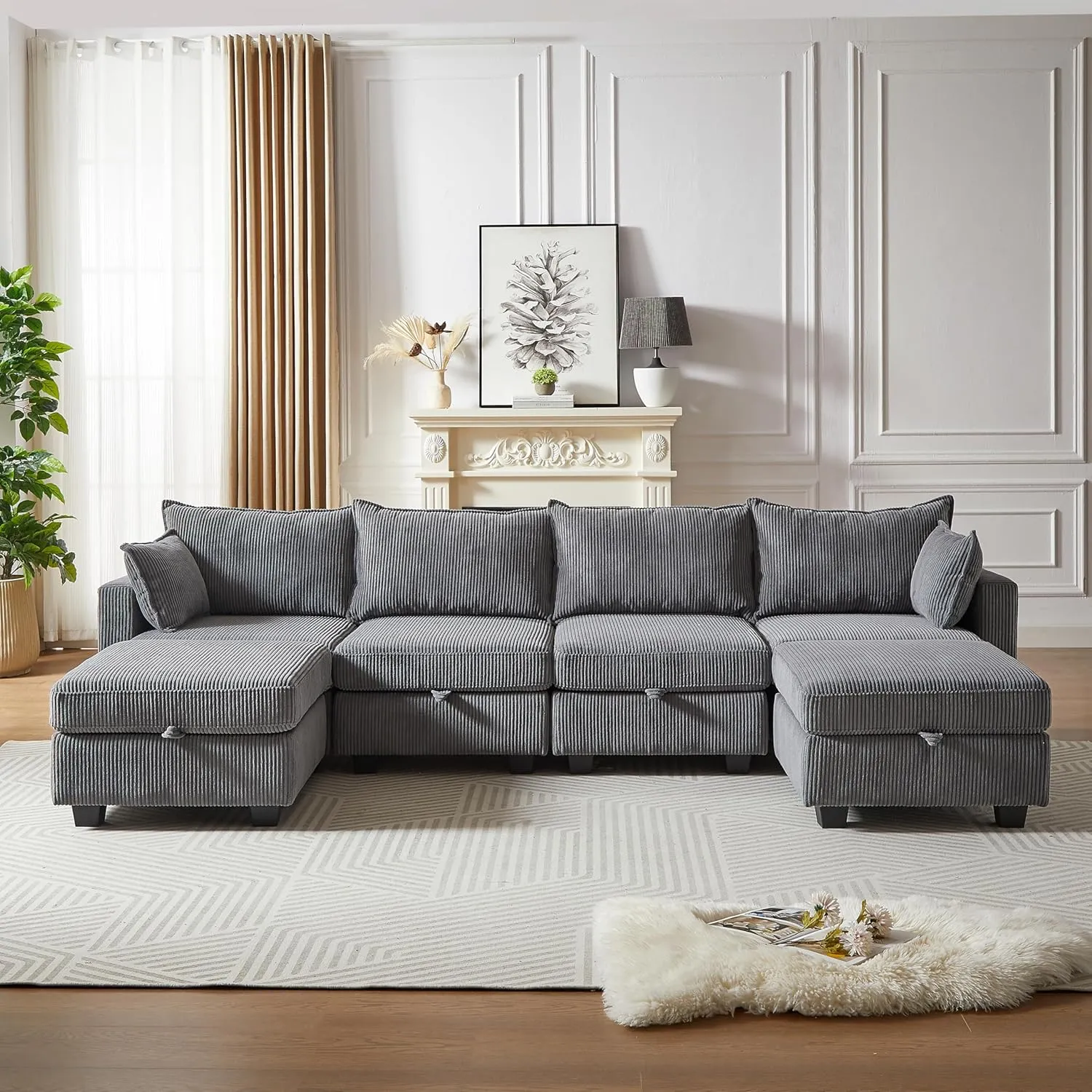 ERYE 113.5-Inch U-Shaped Modular Storage Sectional Sofa Corduroy Upholstered Free Combination 6 Seaters Sofa Couch Convertible Sleeper Couch Bed W/2 Pillows for Home Apartment Office Living Room Sets