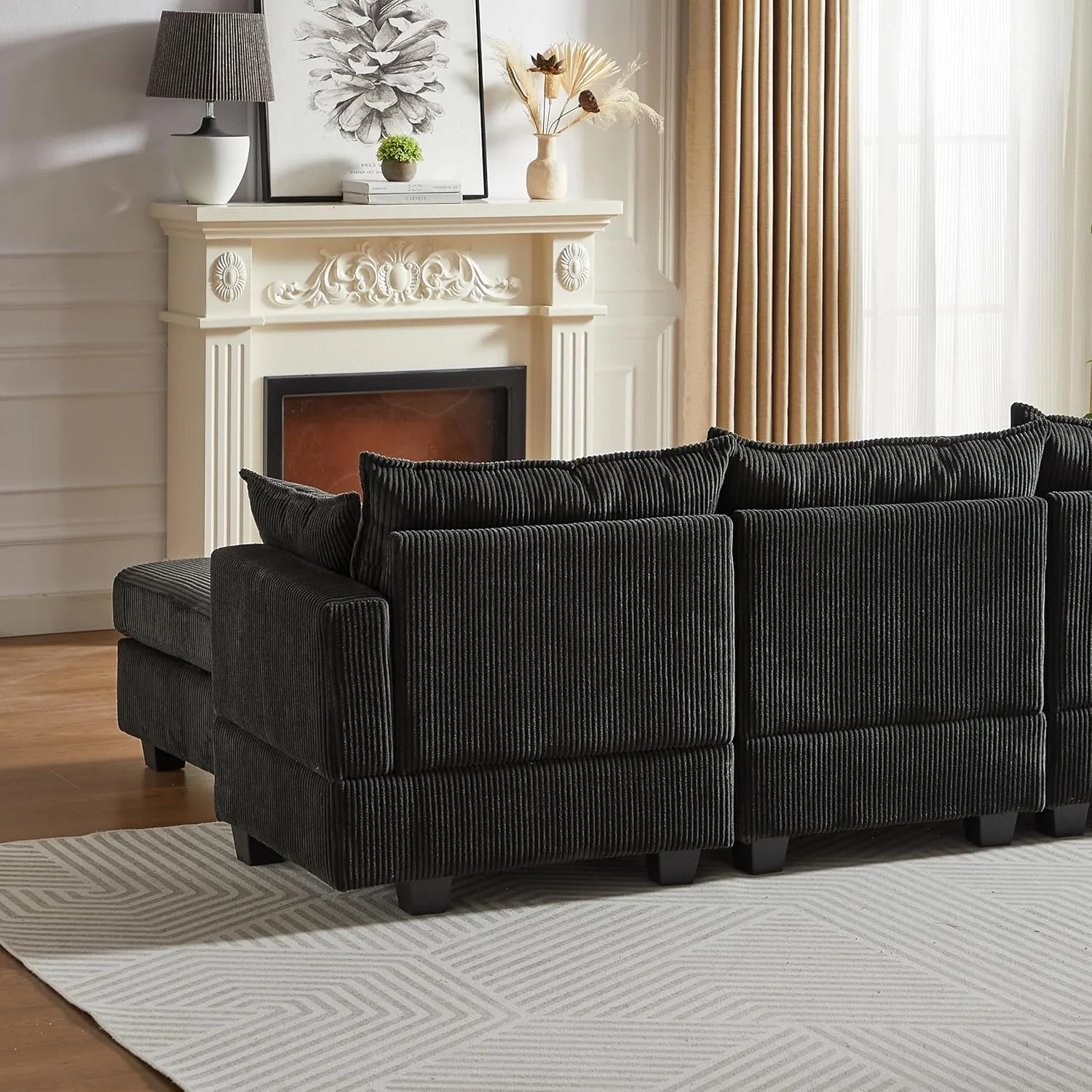 ERYE 113.5-Inch U-Shaped Modular Storage Sectional Sofa Corduroy Upholstered Free Combination 6 Seaters Sofa Couch Convertible Sleeper Couch Bed W/2 Pillows for Home Apartment Office Living Room Sets