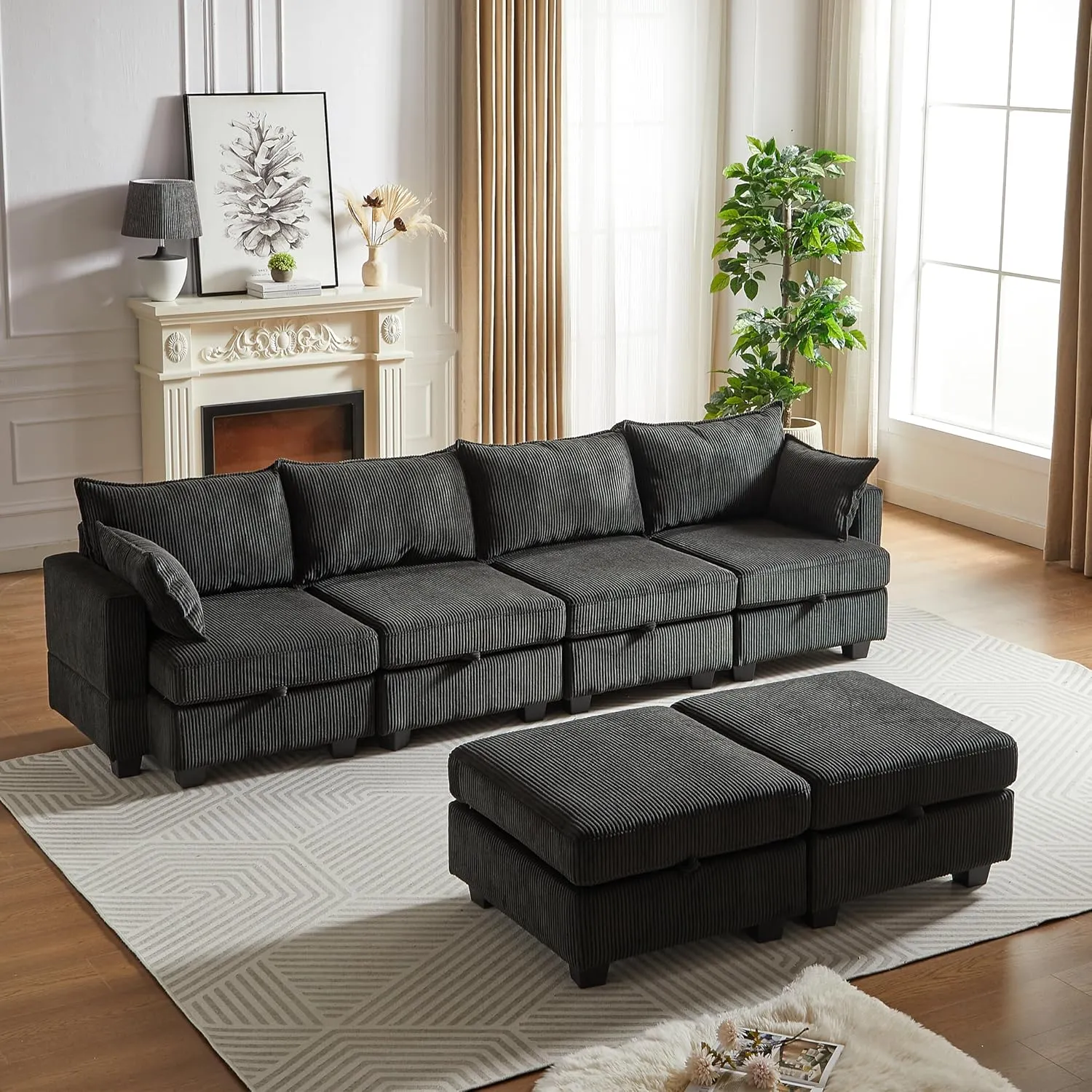 ERYE 113.5-Inch U-Shaped Modular Storage Sectional Sofa Corduroy Upholstered Free Combination 6 Seaters Sofa Couch Convertible Sleeper Couch Bed W/2 Pillows for Home Apartment Office Living Room Sets
