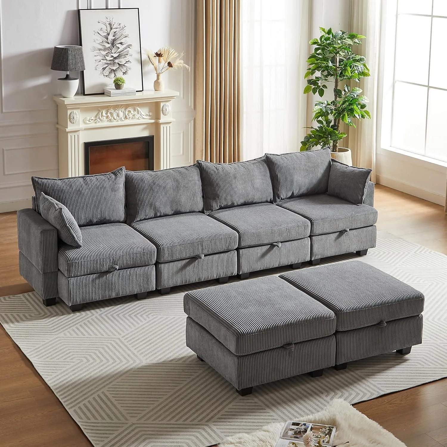 ERYE 113.5-Inch U-Shaped Modular Storage Sectional Sofa Corduroy Upholstered Free Combination 6 Seaters Sofa Couch Convertible Sleeper Couch Bed W/2 Pillows for Home Apartment Office Living Room Sets