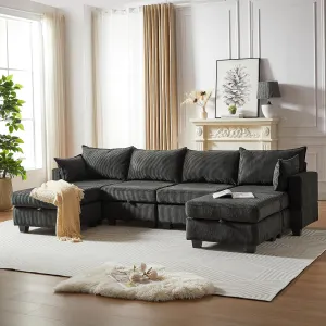ERYE 113.5-Inch U-Shaped Modular Storage Sectional Sofa Corduroy Upholstered Free Combination 6 Seaters Sofa Couch Convertible Sleeper Couch Bed W/2 Pillows for Home Apartment Office Living Room Sets