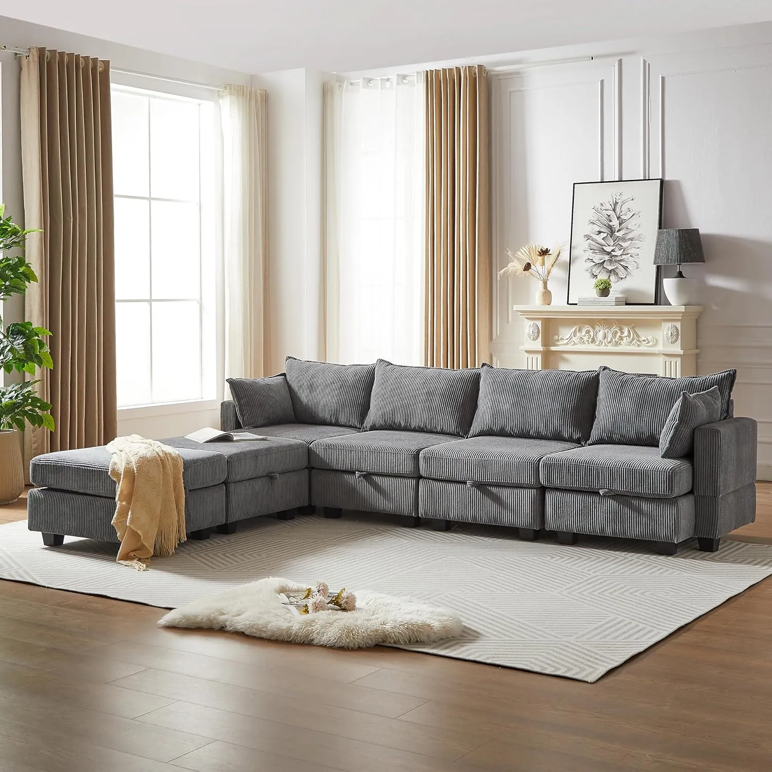 ERYE 113.5-Inch U-Shaped Modular Storage Sectional Sofa Corduroy Upholstered Free Combination 6 Seaters Sofa Couch Convertible Sleeper Couch Bed W/2 Pillows for Home Apartment Office Living Room Sets