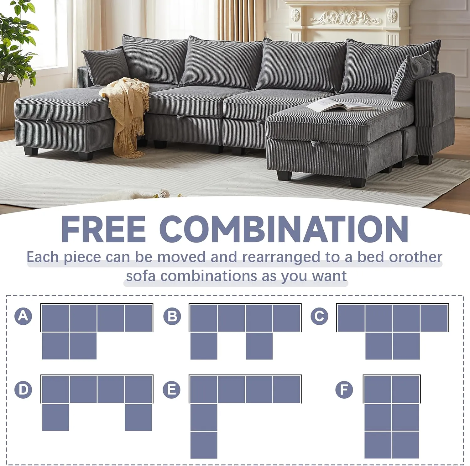 ERYE 113.5-Inch U-Shaped Modular Storage Sectional Sofa Corduroy Upholstered Free Combination 6 Seaters Sofa Couch Convertible Sleeper Couch Bed W/2 Pillows for Home Apartment Office Living Room Sets