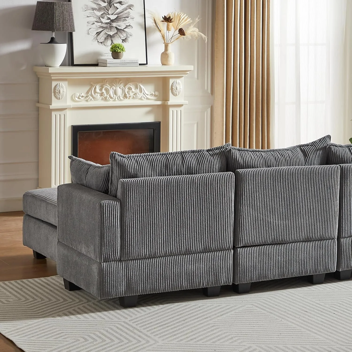 ERYE 113.5-Inch U-Shaped Modular Storage Sectional Sofa Corduroy Upholstered Free Combination 6 Seaters Sofa Couch Convertible Sleeper Couch Bed W/2 Pillows for Home Apartment Office Living Room Sets