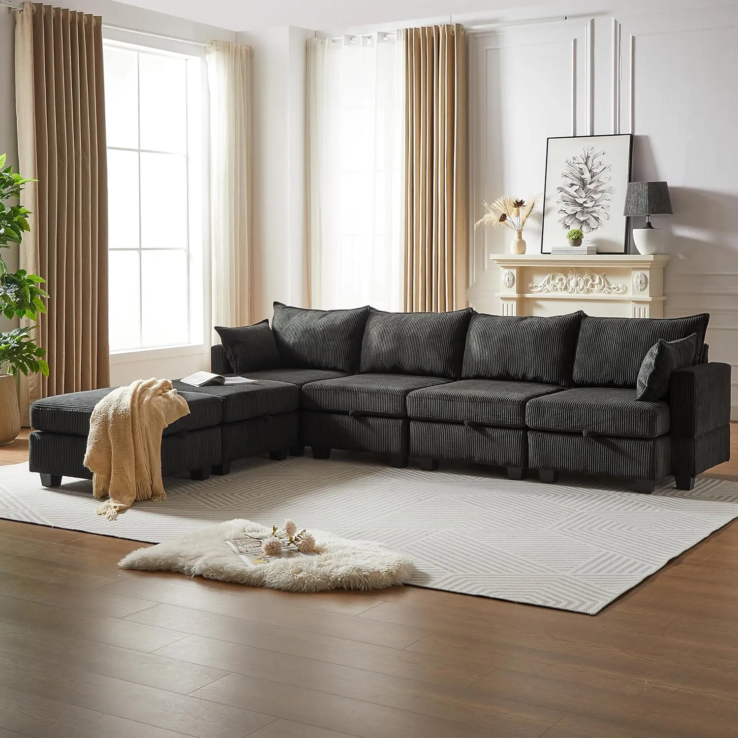 ERYE 113.5-Inch U-Shaped Modular Storage Sectional Sofa Corduroy Upholstered Free Combination 6 Seaters Sofa Couch Convertible Sleeper Couch Bed W/2 Pillows for Home Apartment Office Living Room Sets