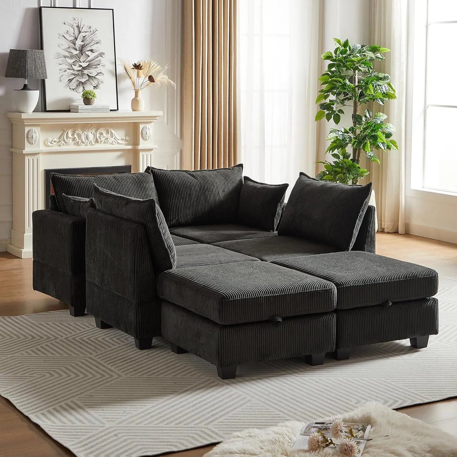 ERYE 113.5-Inch U-Shaped Modular Storage Sectional Sofa Corduroy Upholstered Free Combination 6 Seaters Sofa Couch Convertible Sleeper Couch Bed W/2 Pillows for Home Apartment Office Living Room Sets