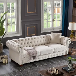 ERYE Clasic Chesterfield 3 Seaters Sofa Couch Luxury Roller Armrest,Special Soild Wood Legs, Linen Fabric Upholstered Button Tufted Sofa&Couch with Removable Cushions & Nailhead Decor