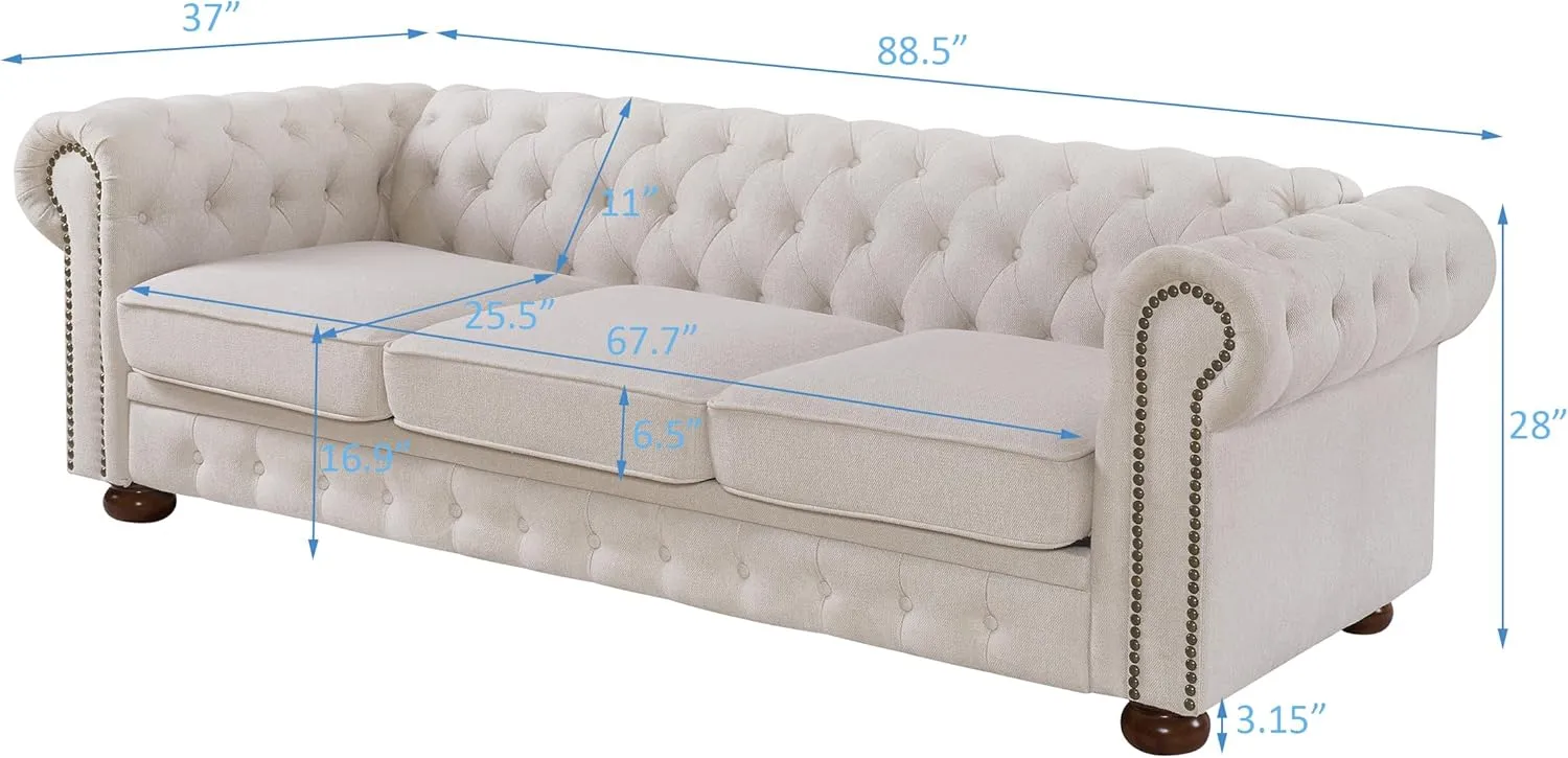ERYE Clasic Chesterfield 3 Seaters Sofa Couch Luxury Roller Armrest,Special Soild Wood Legs, Linen Fabric Upholstered Button Tufted Sofa&Couch with Removable Cushions & Nailhead Decor