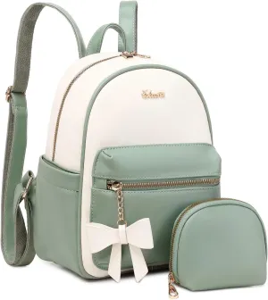 Eslcorri Mini Backpack Purse for Women - Girls Bowknot Fashion Backpack Small Leather Cute Travel Daypacks with Wallet 2-PCS Casual Ladies Convertible Shoulder Handbag - Green