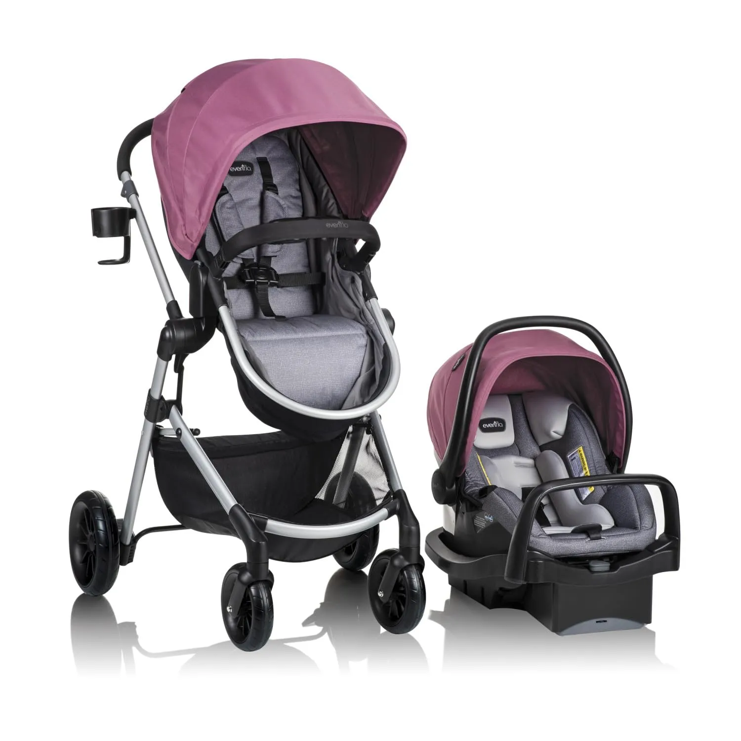 Evenflo Pivot Modular Travel System, Lightweight Stroller, Sleek & Versatile, Easy Infant Car Seat Transfer, Oversized Storage Basket, Travel Stroller, 3-Panel Canopy, Dusty Rose
