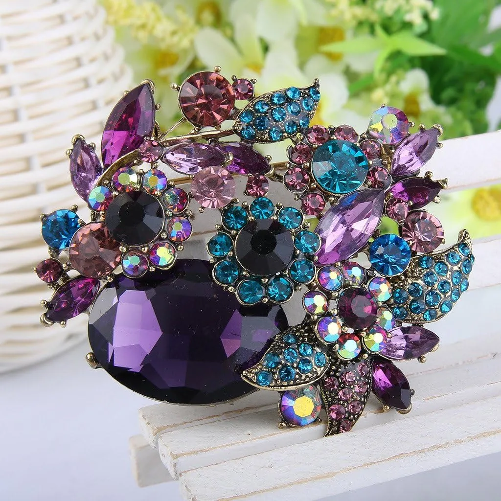 EVER FAITH Rhinestone Crystal Party Flower Leaf Vine Brooch