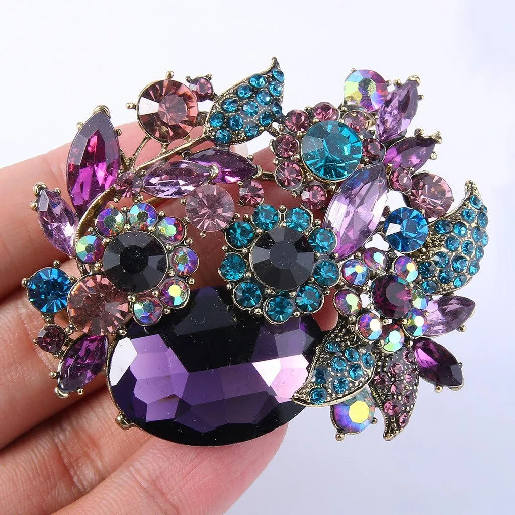 EVER FAITH Rhinestone Crystal Party Flower Leaf Vine Brooch