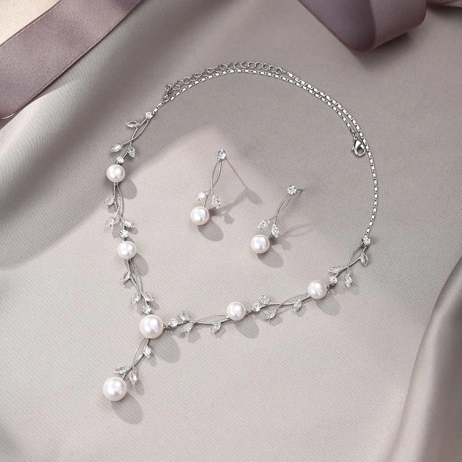 EVER FAITH Wedding Pearl Jewelry for Bride CZ Crystal Simulated Pearls Floral Vine Filigree Bridal Necklace Earrings Set