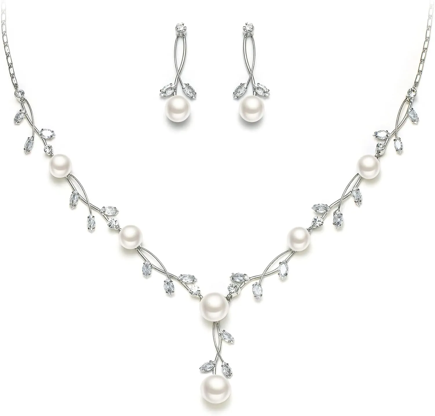 EVER FAITH Wedding Pearl Jewelry for Bride CZ Crystal Simulated Pearls Floral Vine Filigree Bridal Necklace Earrings Set