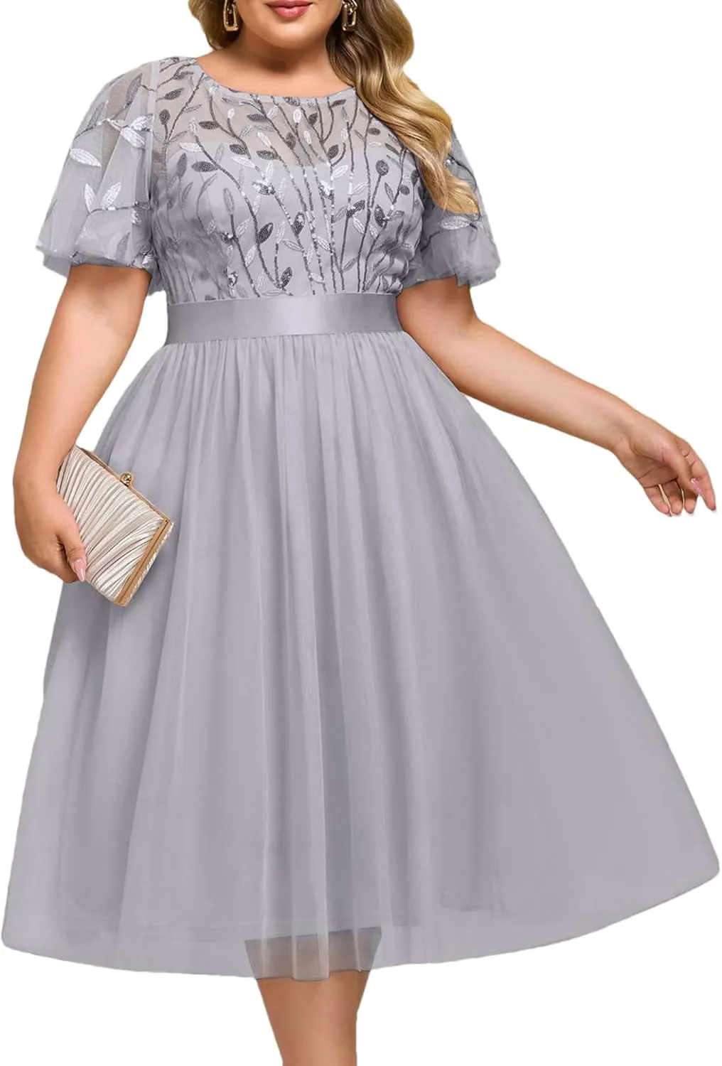 Ever-Pretty Plus Women's Round Neck Embroidery Short Sleeves Sequin Tulle Midi Plus Size Cocktail Wedding Guest Dresses