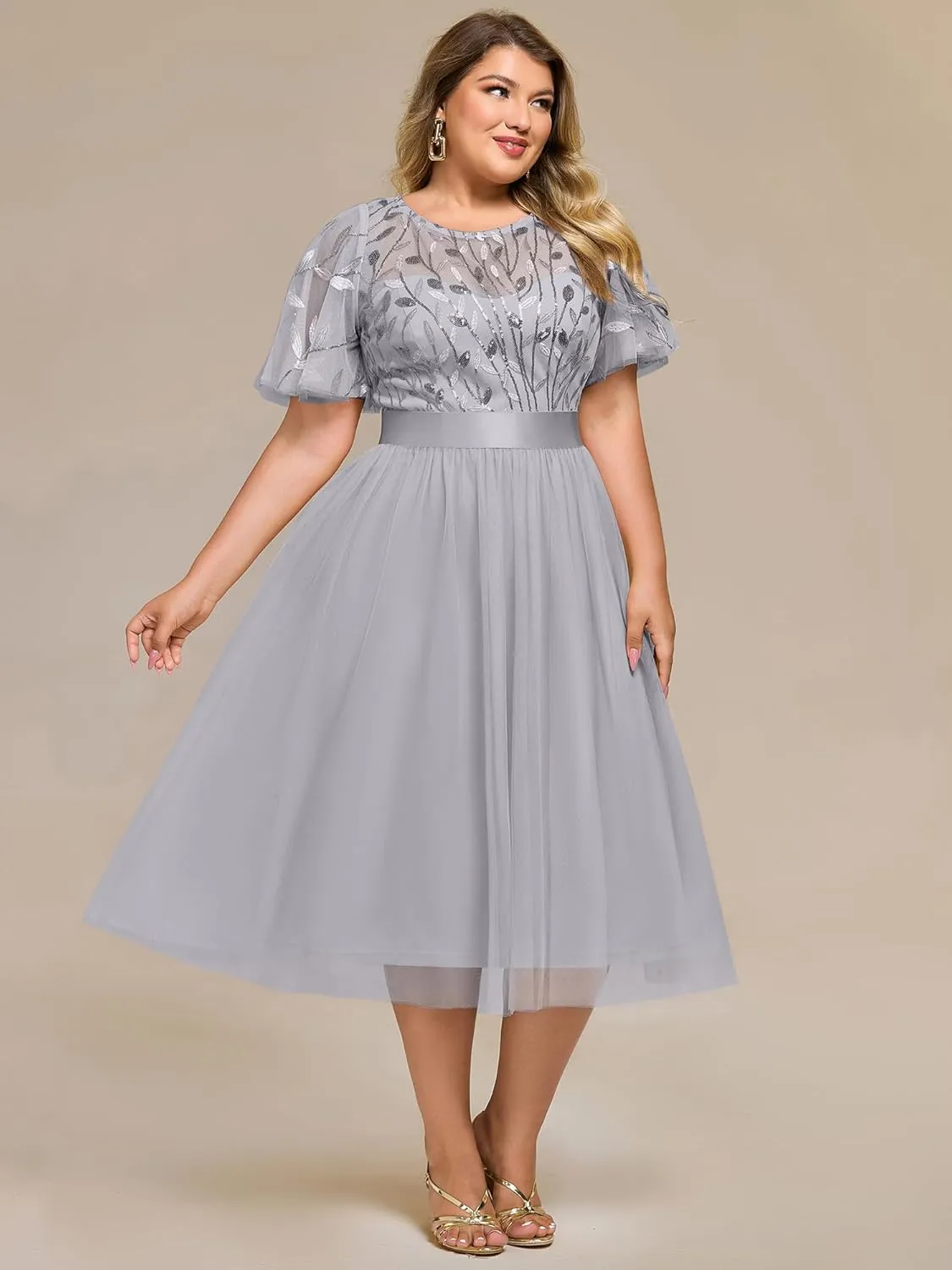 Ever-Pretty Plus Women's Round Neck Embroidery Short Sleeves Sequin Tulle Midi Plus Size Cocktail Wedding Guest Dresses
