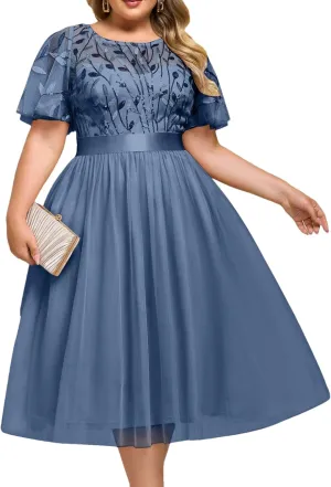 Ever-Pretty Plus Women's Round Neck Embroidery Short Sleeves Sequin Tulle Midi Plus Size Cocktail Wedding Guest Dresses